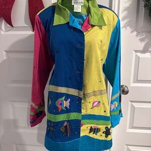 Quacker Factory Womens Blazer Jacket Sea Creatures Fish Bright Colors NWT